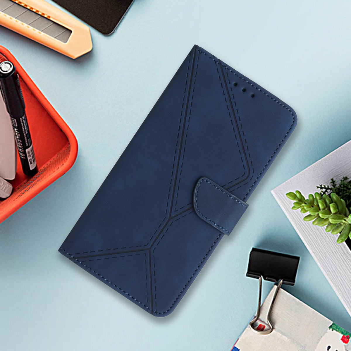 Compatible with iPhone 18 Pro Max & 17 Pro Max Stitching Embossed Leather Phone Case - Blue