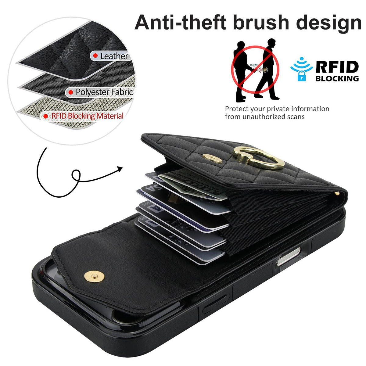 Compatible with iPhone 18 Pro Max & 17 Pro Max Rhombic Texture Card Bag Phone Case with Long Lanyard - Black