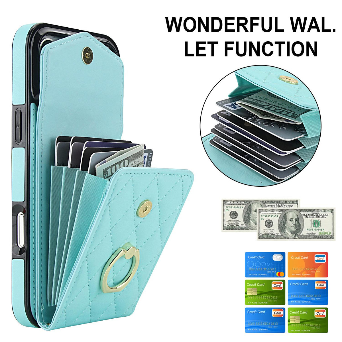 Compatible with iPhone 18 Pro Max & 17 Pro Max Rhombic Texture Card Bag Phone Case with Long Lanyard - Mint Green