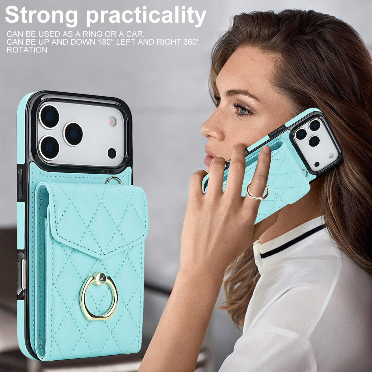 Compatible with iPhone 18 Pro Max & 17 Pro Max Rhombic Texture Card Bag Phone Case with Long Lanyard - Mint Green