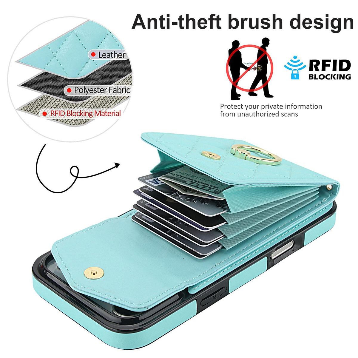 Compatible with iPhone 18 Pro Max & 17 Pro Max Rhombic Texture Card Bag Phone Case with Long Lanyard - Mint Green