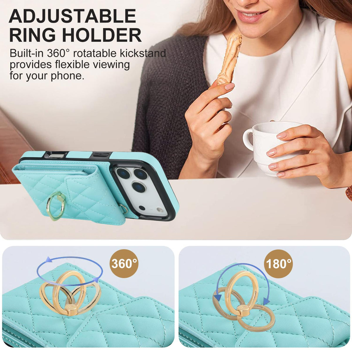 Compatible with iPhone 18 Pro Max & 17 Pro Max Rhombic Texture Card Bag Phone Case with Long Lanyard - Mint Green