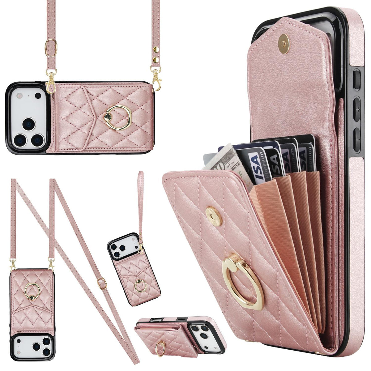 Compatible with iPhone 18 Pro Max & 17 Pro Max Rhombic Texture Card Bag Phone Case with Long Lanyard - Rose Gold
