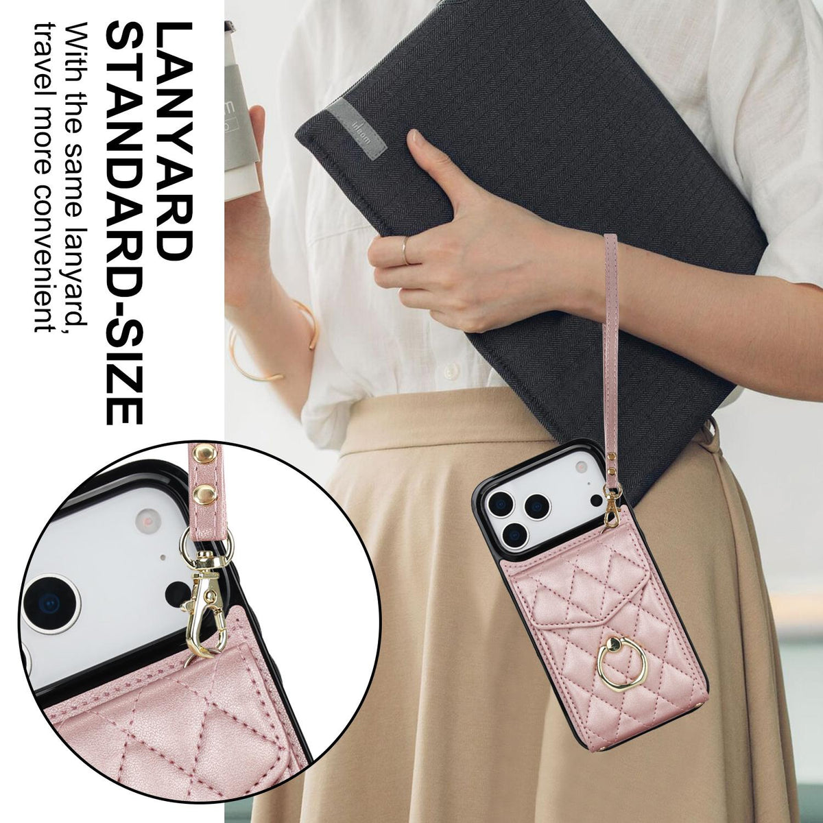 Compatible with iPhone 18 Pro Max & 17 Pro Max Rhombic Texture Card Bag Phone Case with Long Lanyard - Rose Gold