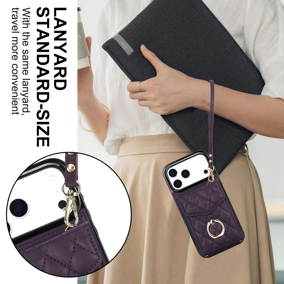 Compatible with iPhone 18 Pro Max & 17 Pro Max Rhombic Texture Card Bag Phone Case with Long Lanyard - Dark Purple