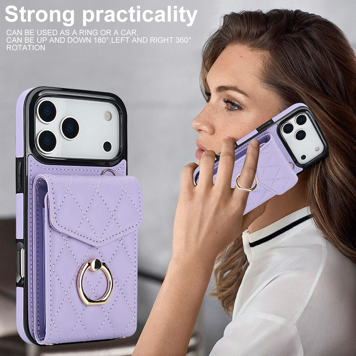 Compatible with iPhone 18 Pro Max & 17 Pro Max Rhombic Texture Card Bag Phone Case with Long Lanyard - Light Purple