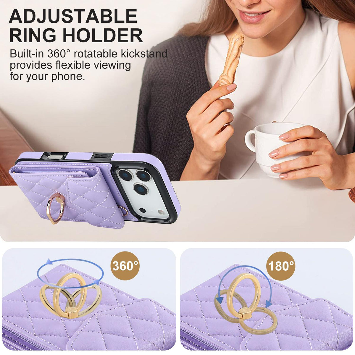 Compatible with iPhone 18 Pro Max & 17 Pro Max Rhombic Texture Card Bag Phone Case with Long Lanyard - Light Purple