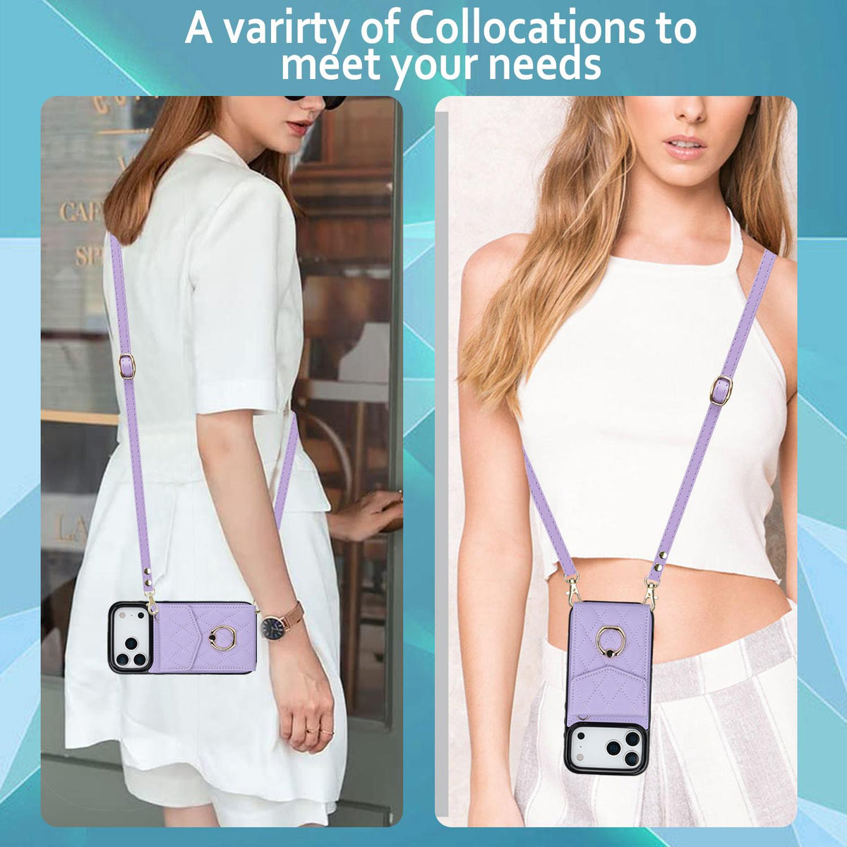 Compatible with iPhone 18 Pro Max & 17 Pro Max Rhombic Texture Card Bag Phone Case with Long Lanyard - Light Purple