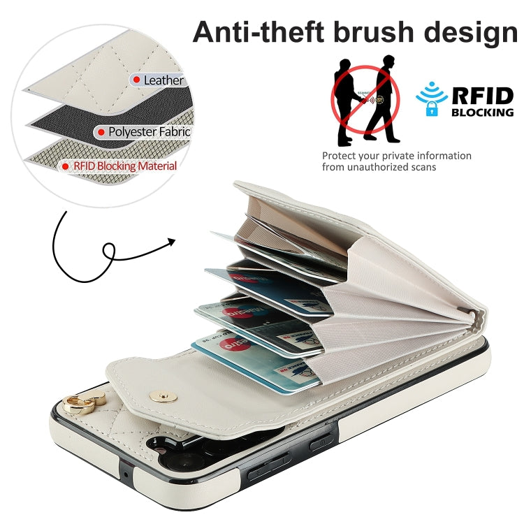 For Samsung Galaxy S24 5G Rhombic Texture Card Bag Phone Case with Long Lanyard(White)