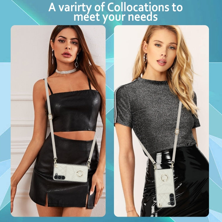 For Samsung Galaxy S24 5G Rhombic Texture Card Bag Phone Case with Long Lanyard(White)