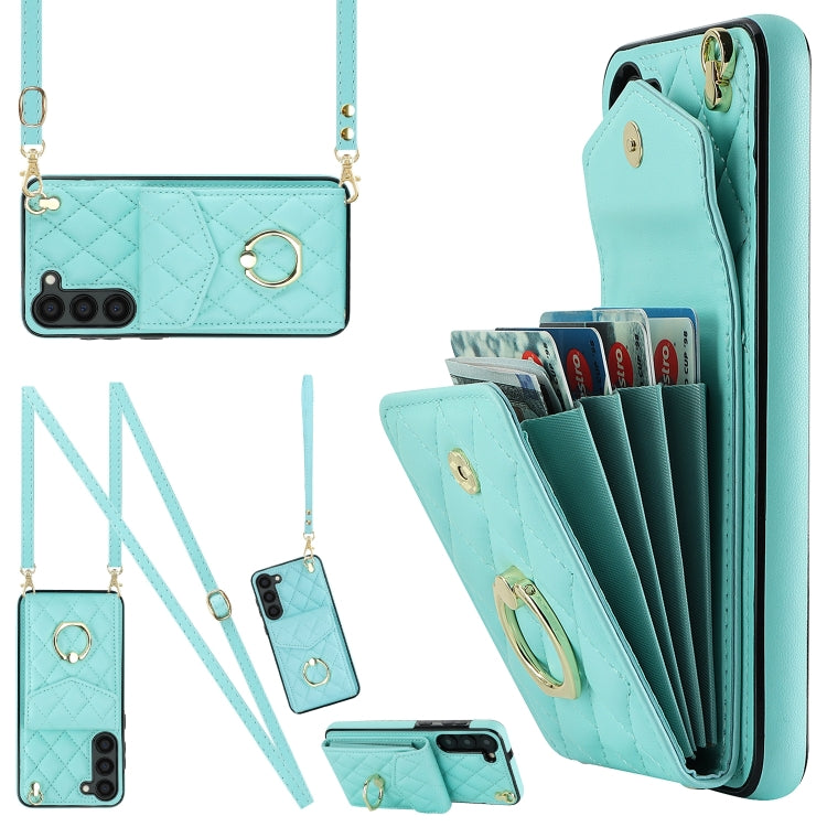 For Samsung Galaxy S24 5G Rhombic Texture Card Bag Phone Case with Long Lanyard(Mint Green)