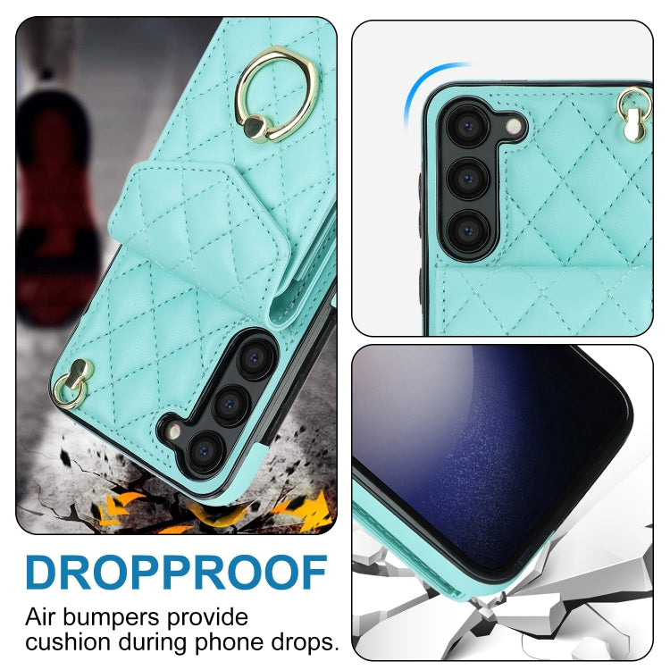 For Samsung Galaxy S24 5G Rhombic Texture Card Bag Phone Case with Long Lanyard(Mint Green)