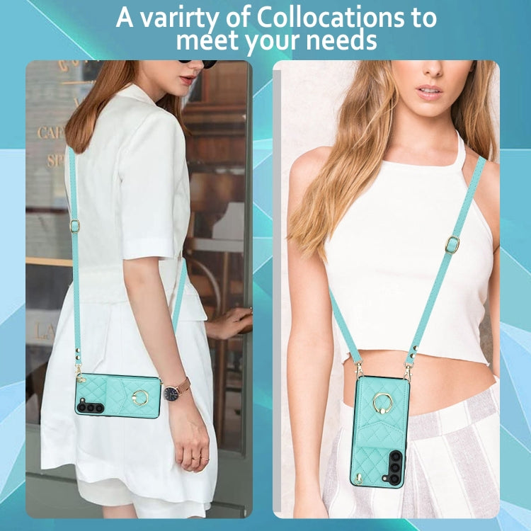 For Samsung Galaxy S24 5G Rhombic Texture Card Bag Phone Case with Long Lanyard(Mint Green)