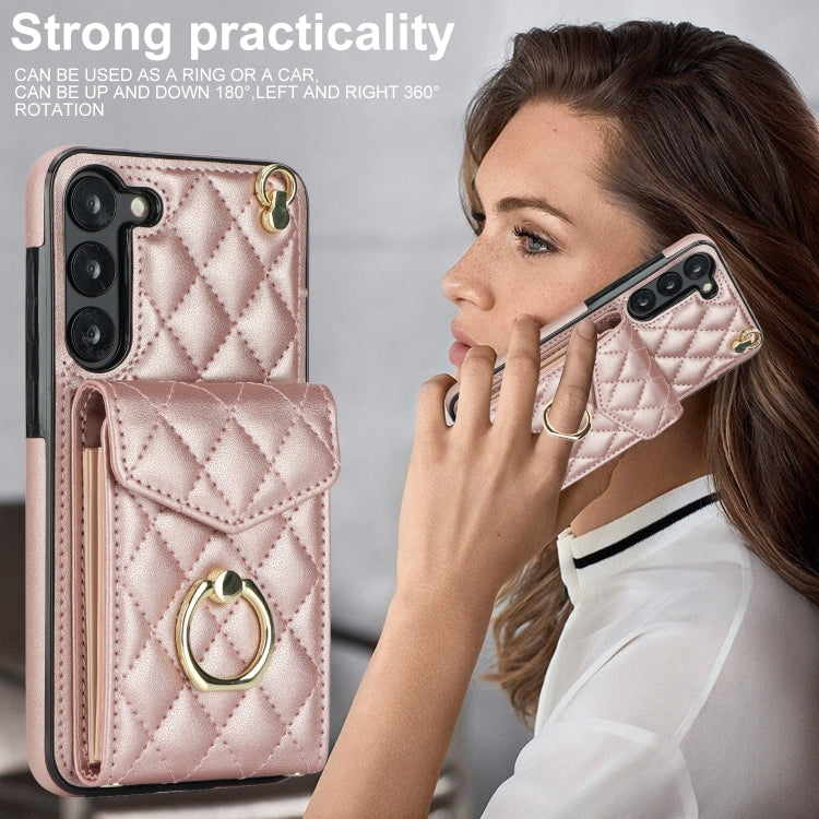 For Samsung Galaxy S24 5G Rhombic Texture Card Bag Phone Case with Long Lanyard(Rose Gold)