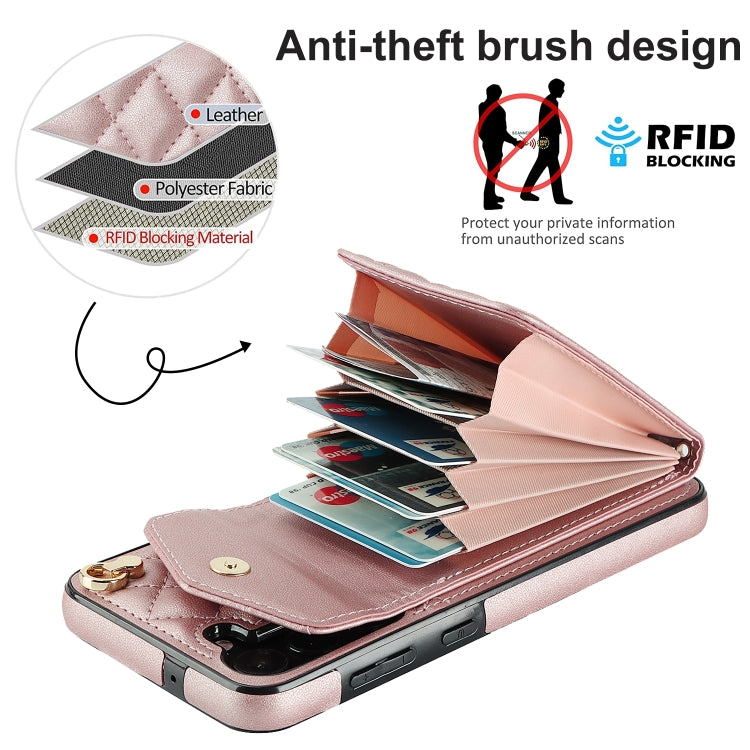 For Samsung Galaxy S24 5G Rhombic Texture Card Bag Phone Case with Long Lanyard(Rose Gold)