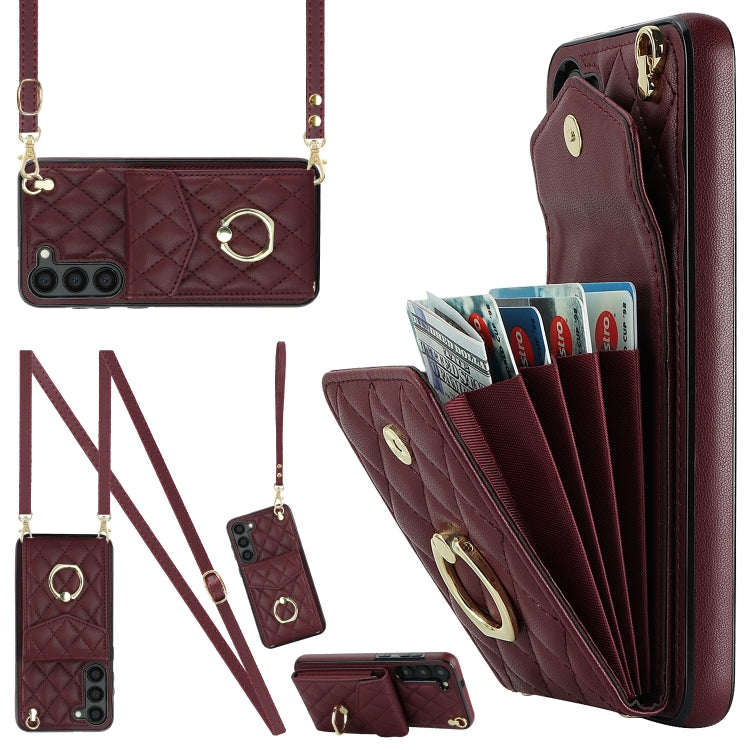 For Samsung Galaxy S24 5G Rhombic Texture Card Bag Phone Case with Long Lanyard(Wine Red)