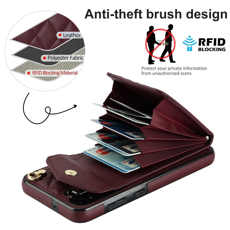 For Samsung Galaxy S24 5G Rhombic Texture Card Bag Phone Case with Long Lanyard(Wine Red)