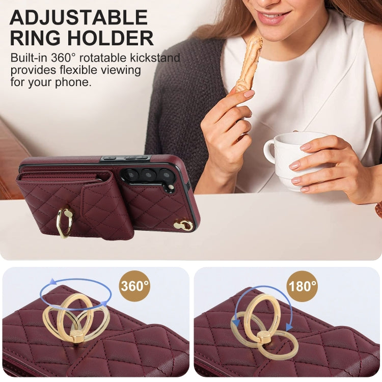 For Samsung Galaxy S24 5G Rhombic Texture Card Bag Phone Case with Long Lanyard(Wine Red)