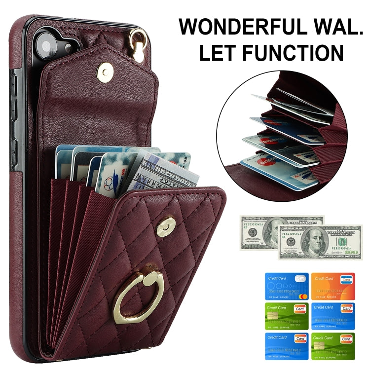 For Samsung Galaxy S24 5G Rhombic Texture Card Bag Phone Case with Long Lanyard(Wine Red)
