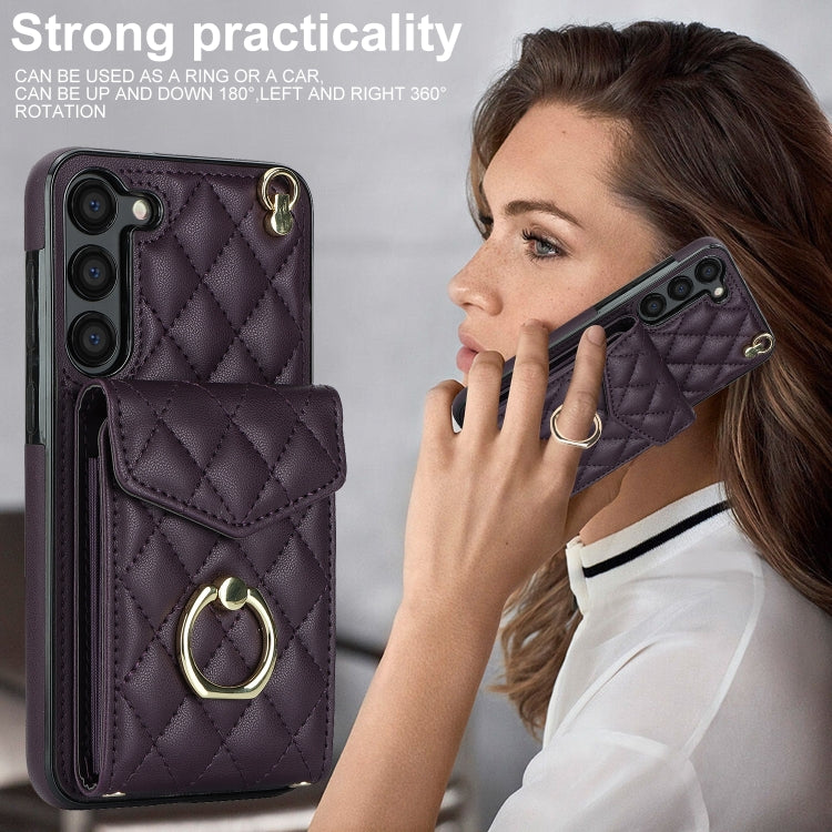 For Samsung Galaxy S24 5G Rhombic Texture Card Bag Phone Case with Long Lanyard(Dark Purple)