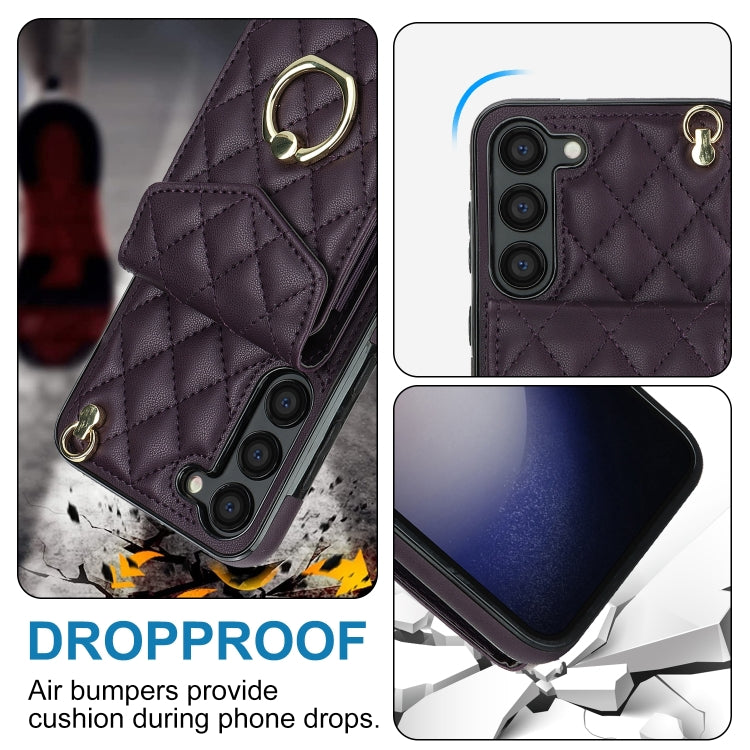 For Samsung Galaxy S24 5G Rhombic Texture Card Bag Phone Case with Long Lanyard(Dark Purple)