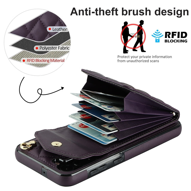 For Samsung Galaxy S24 5G Rhombic Texture Card Bag Phone Case with Long Lanyard(Dark Purple)
