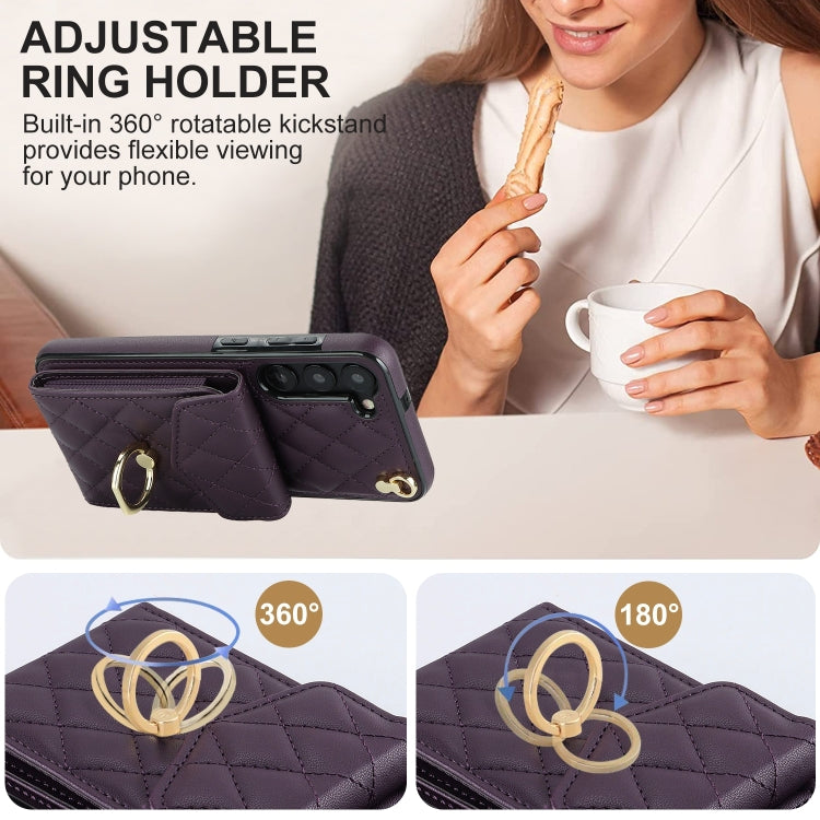 For Samsung Galaxy S24 5G Rhombic Texture Card Bag Phone Case with Long Lanyard(Dark Purple)