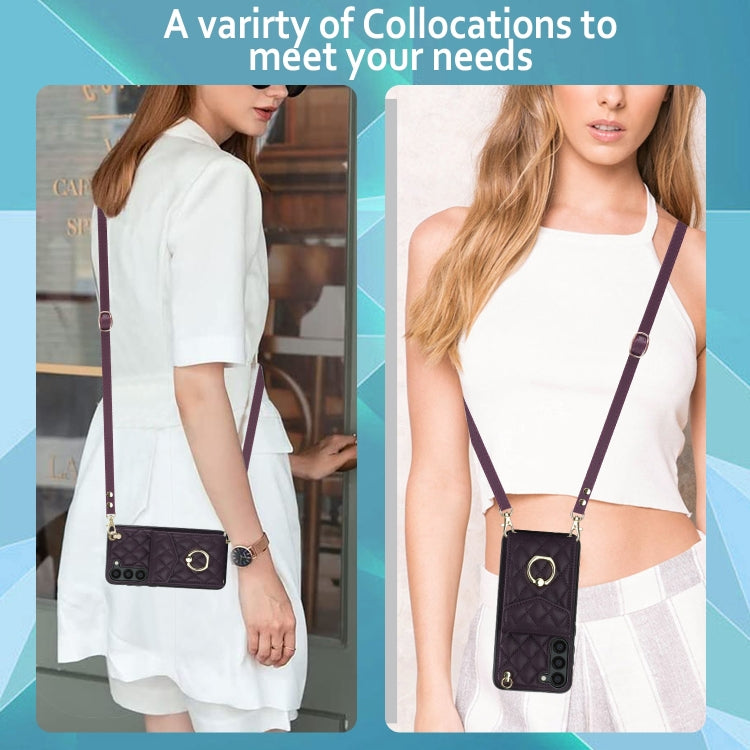 For Samsung Galaxy S24 5G Rhombic Texture Card Bag Phone Case with Long Lanyard(Dark Purple)