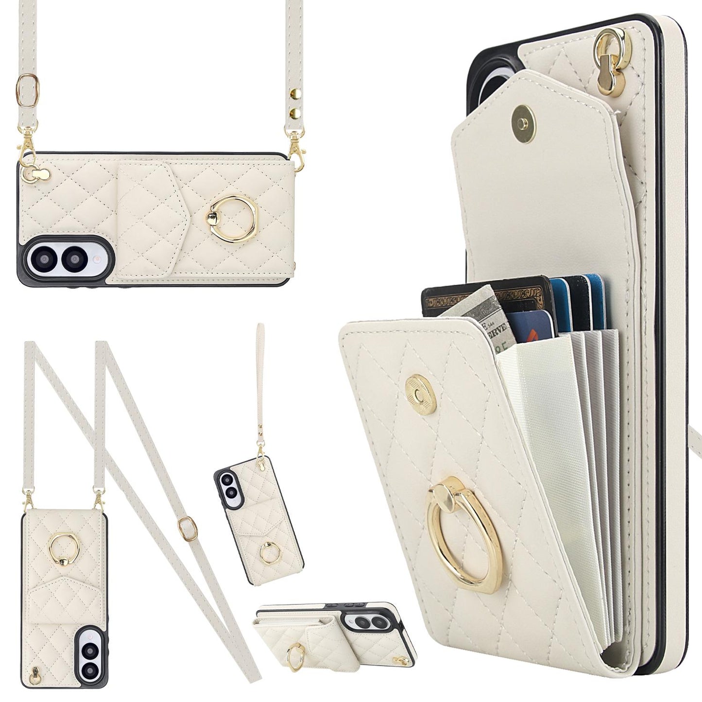 For Samsung Galaxy S25 Edge 5G Rhombic Texture Card Bag Phone Case with Long Lanyard(White)