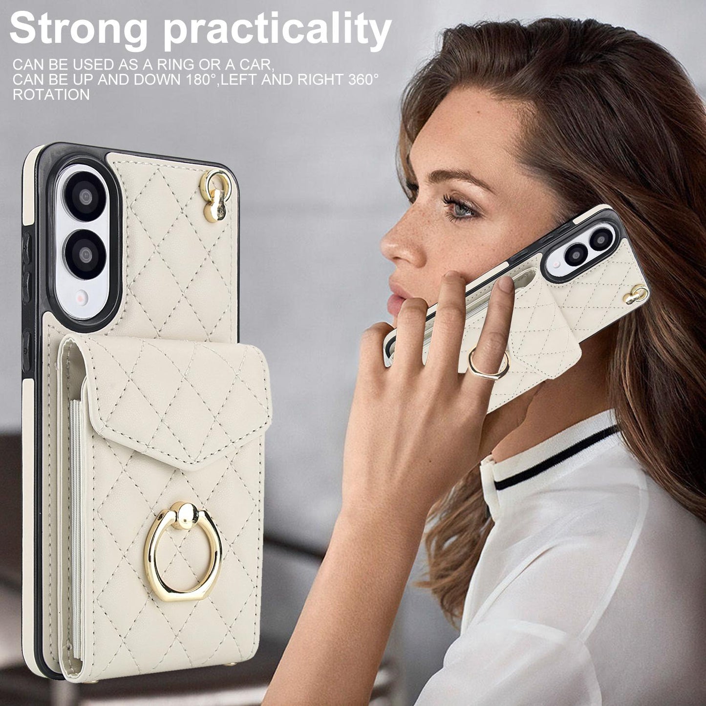 For Samsung Galaxy S25 Edge 5G Rhombic Texture Card Bag Phone Case with Long Lanyard(White)