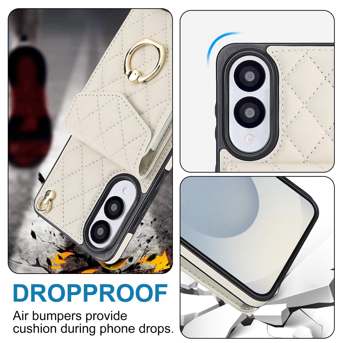 For Samsung Galaxy S25 Edge 5G Rhombic Texture Card Bag Phone Case with Long Lanyard(White)