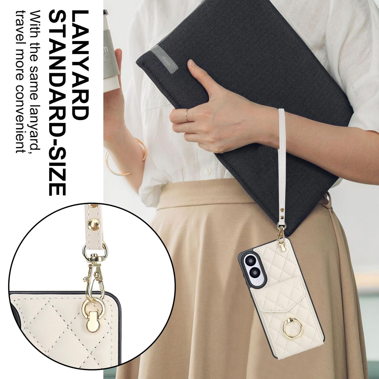 For Samsung Galaxy S25 Edge 5G Rhombic Texture Card Bag Phone Case with Long Lanyard(White)