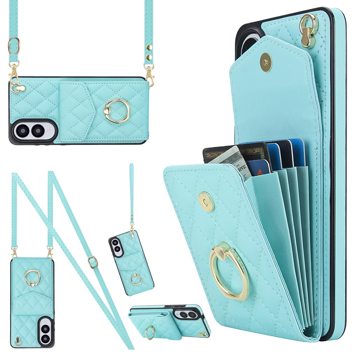 For Samsung Galaxy S25 Edge 5G Rhombic Texture Card Bag Phone Case with Long Lanyard(Mint Green)