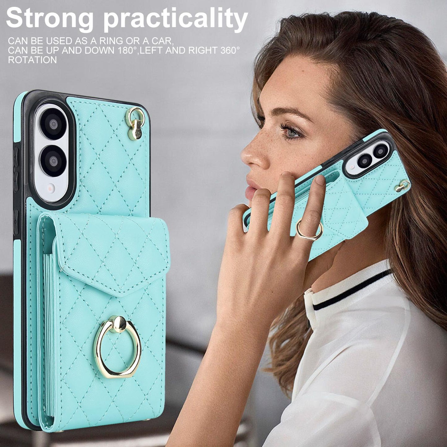 For Samsung Galaxy S25 Edge 5G Rhombic Texture Card Bag Phone Case with Long Lanyard(Mint Green)