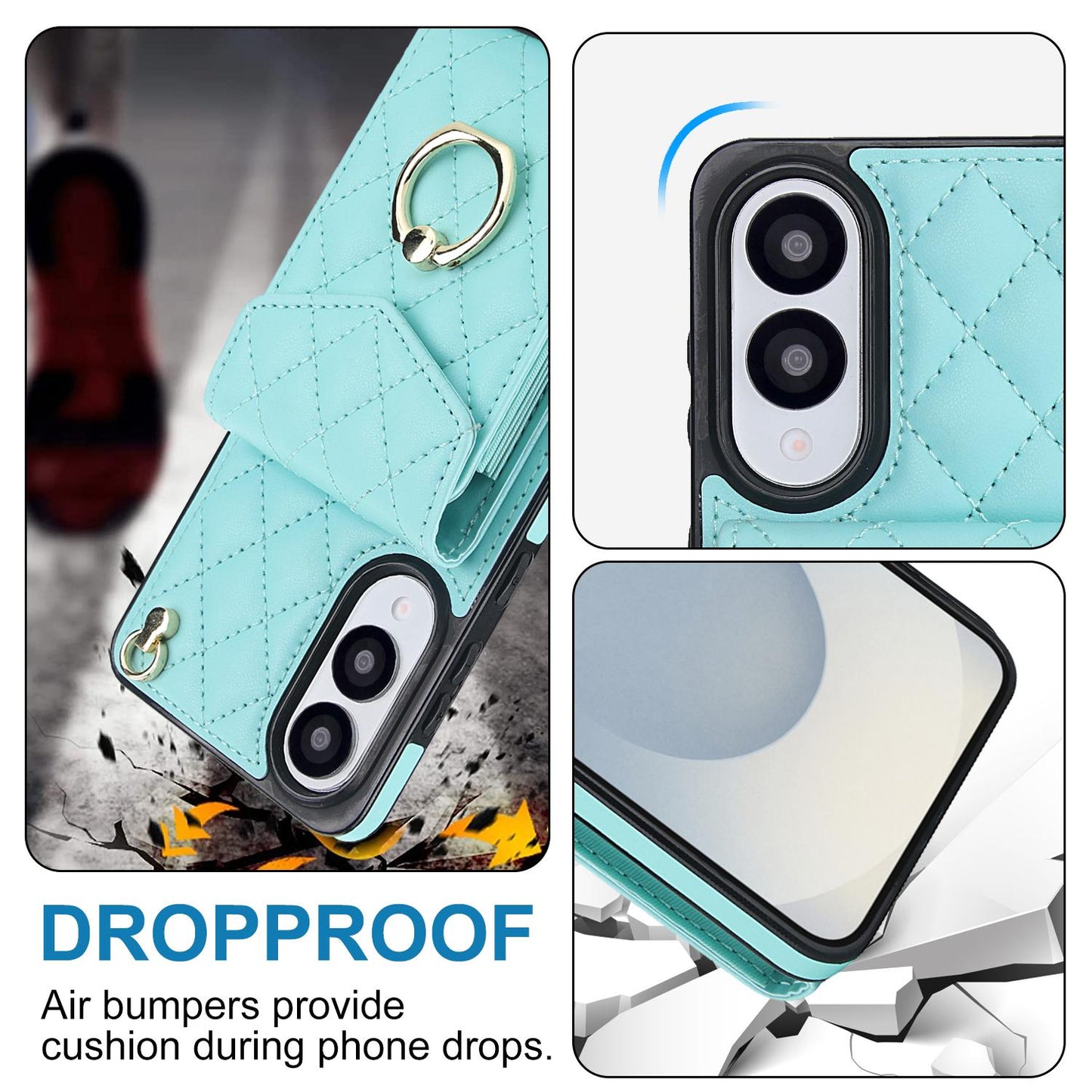 For Samsung Galaxy S25 Edge 5G Rhombic Texture Card Bag Phone Case with Long Lanyard(Mint Green)