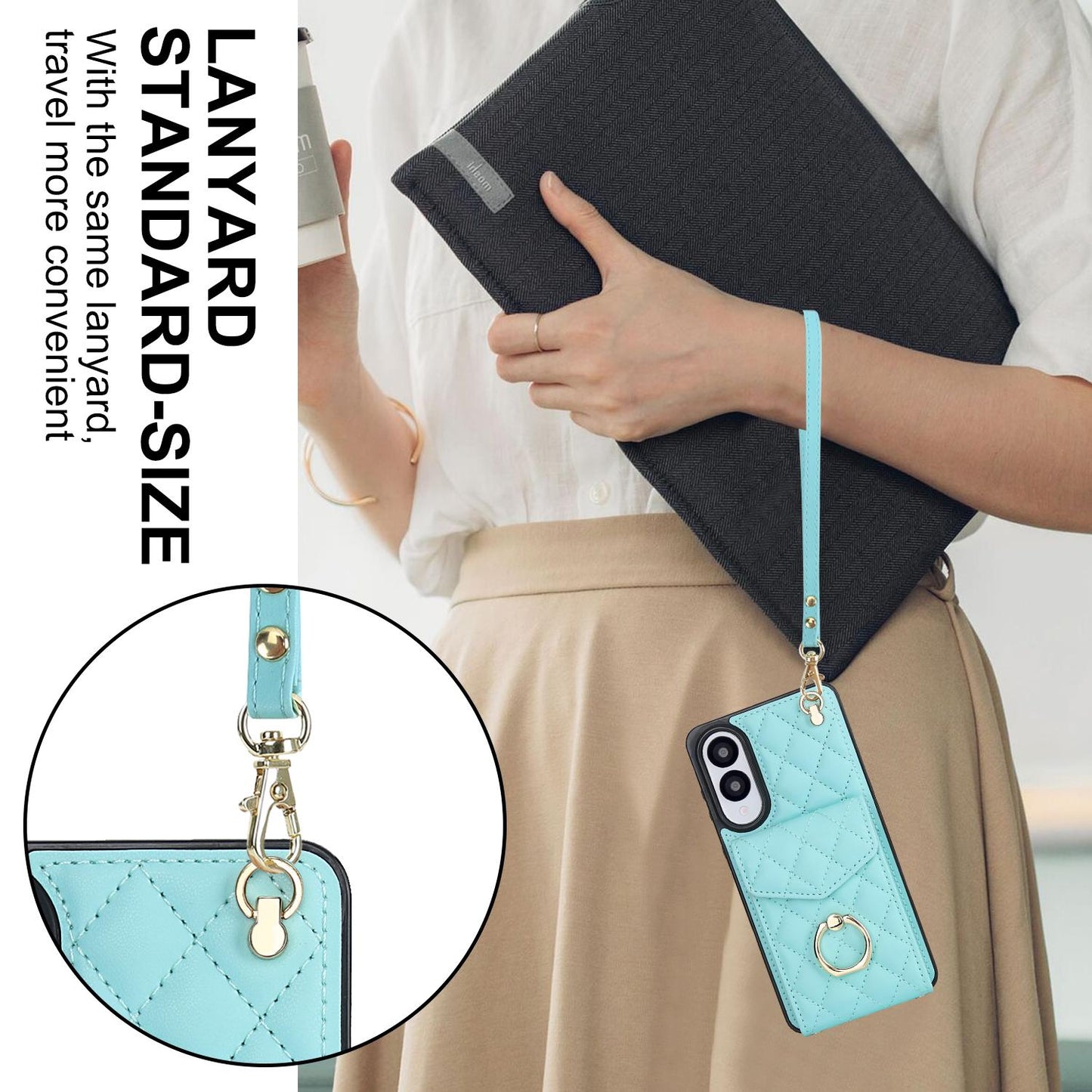 For Samsung Galaxy S25 Edge 5G Rhombic Texture Card Bag Phone Case with Long Lanyard(Mint Green)