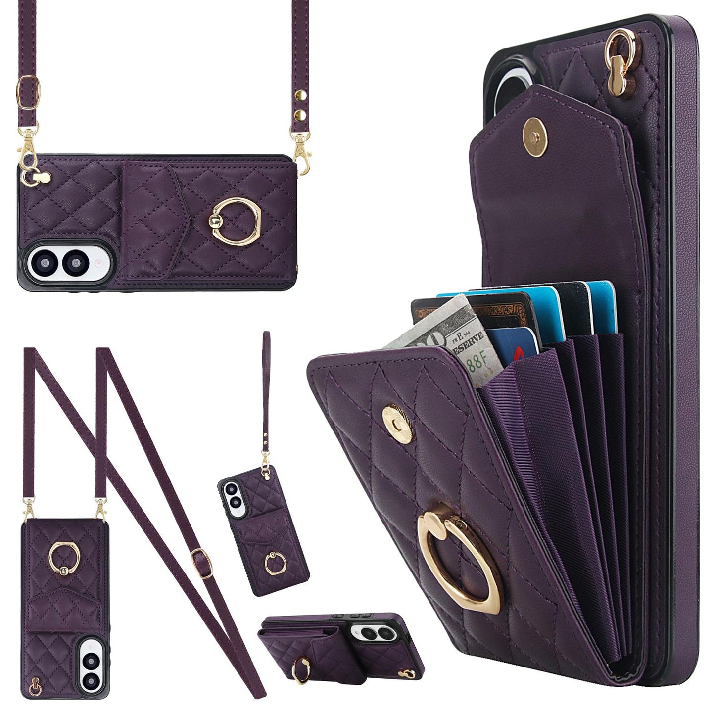 For Samsung Galaxy S25 Edge 5G Rhombic Texture Card Bag Phone Case with Long Lanyard(Dark Purple)