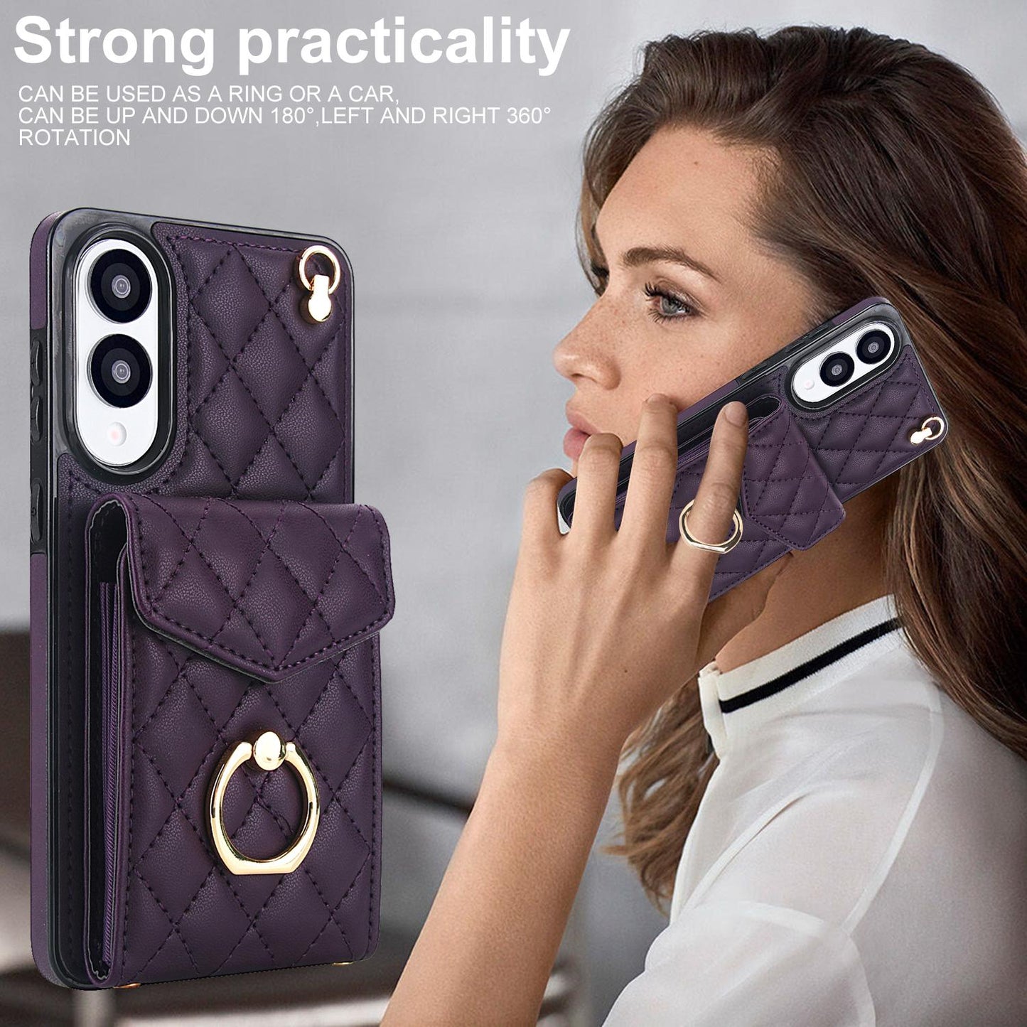 For Samsung Galaxy S25 Edge 5G Rhombic Texture Card Bag Phone Case with Long Lanyard(Dark Purple)