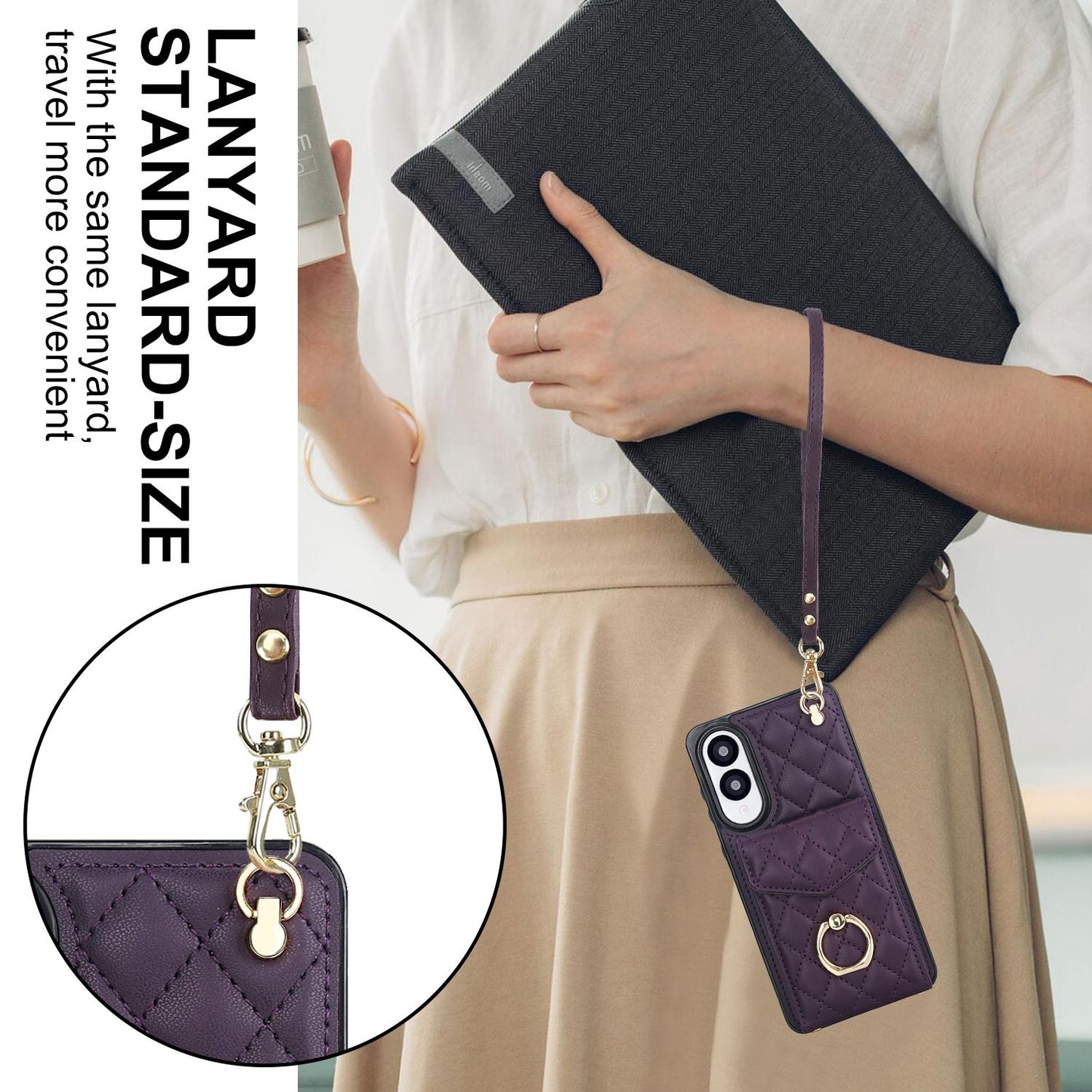 For Samsung Galaxy S25 Edge 5G Rhombic Texture Card Bag Phone Case with Long Lanyard(Dark Purple)