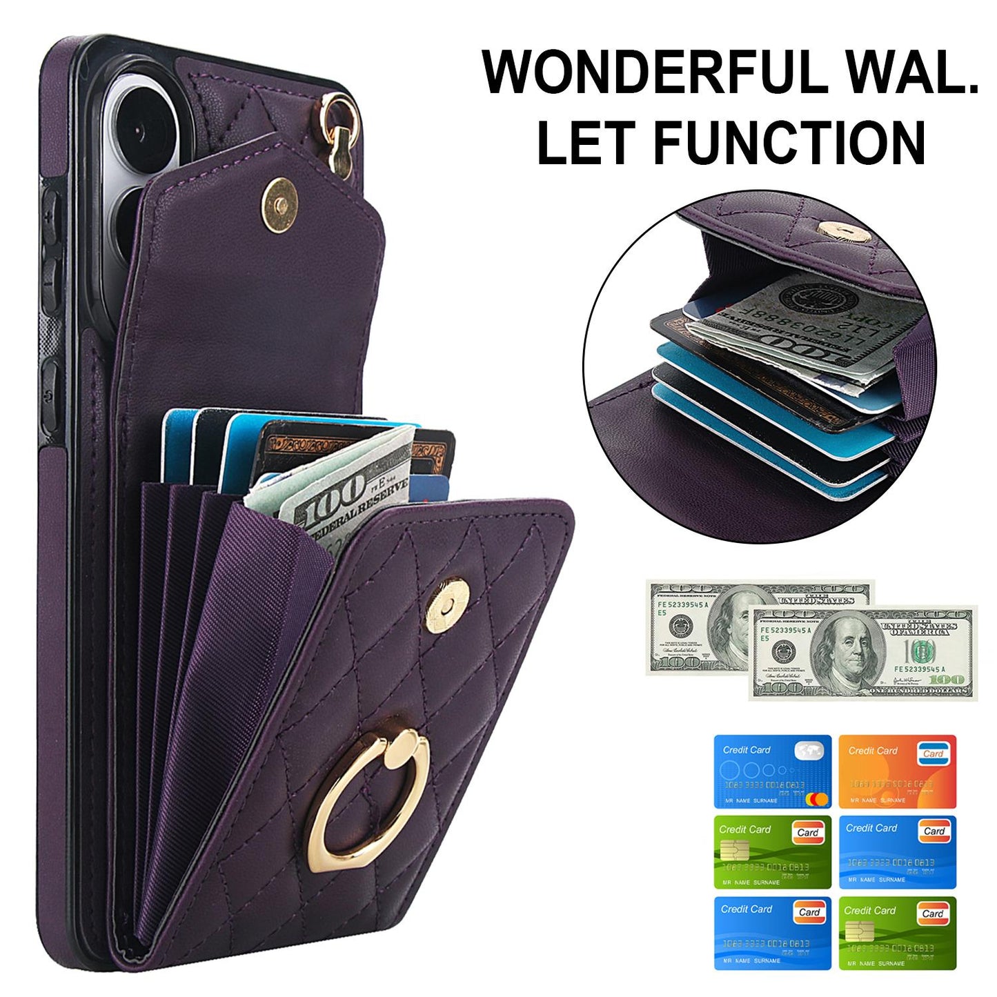 For Samsung Galaxy S25 Edge 5G Rhombic Texture Card Bag Phone Case with Long Lanyard(Dark Purple)
