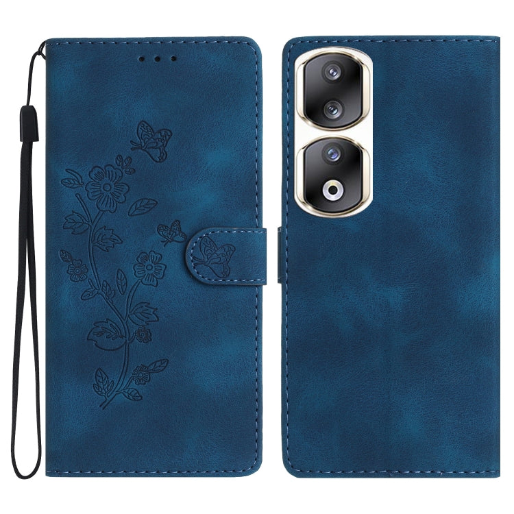For Honor 90 Pro Flower Butterfly Embossing Pattern Leather Phone Case(Blue)