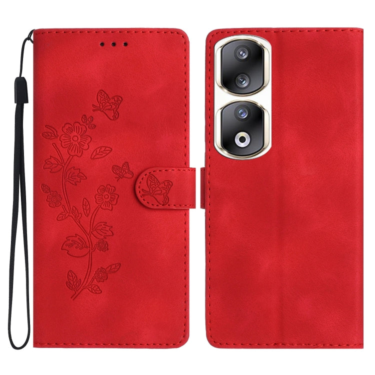 For Honor 90 Pro Flower Butterfly Embossing Pattern Leather Phone Case(Red)