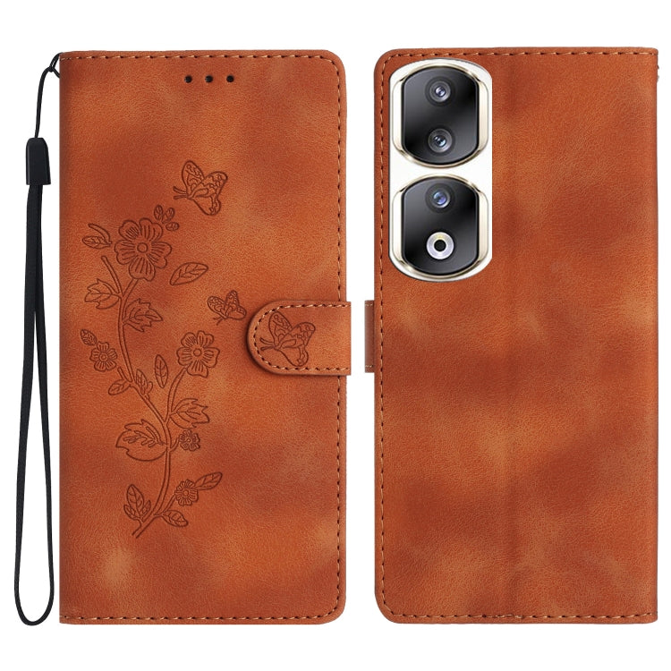 For Honor 90 Pro Flower Butterfly Embossing Pattern Leather Phone Case(Brown)