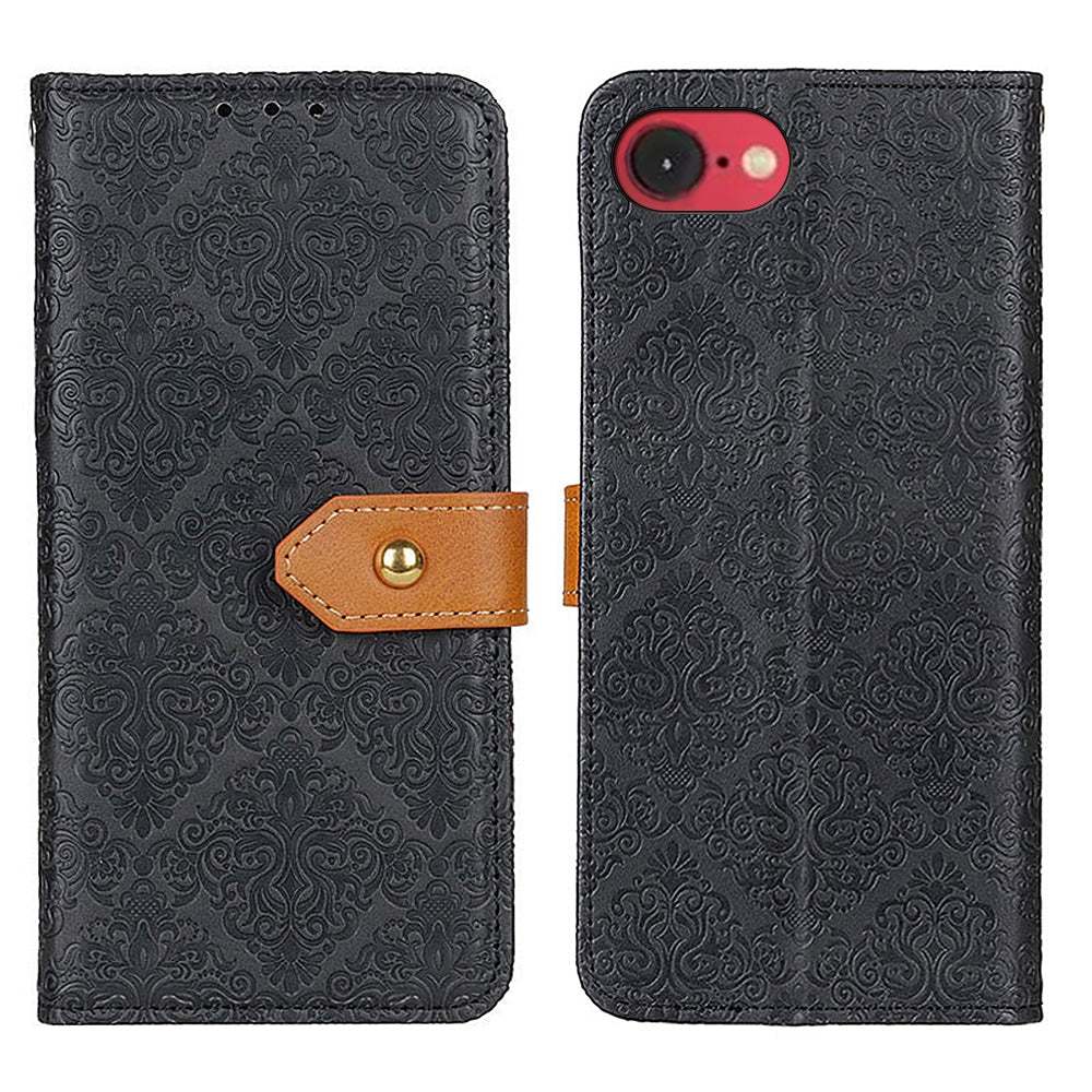 For iPhone 16e European Floral Embossed Leather Phone Case(Black)