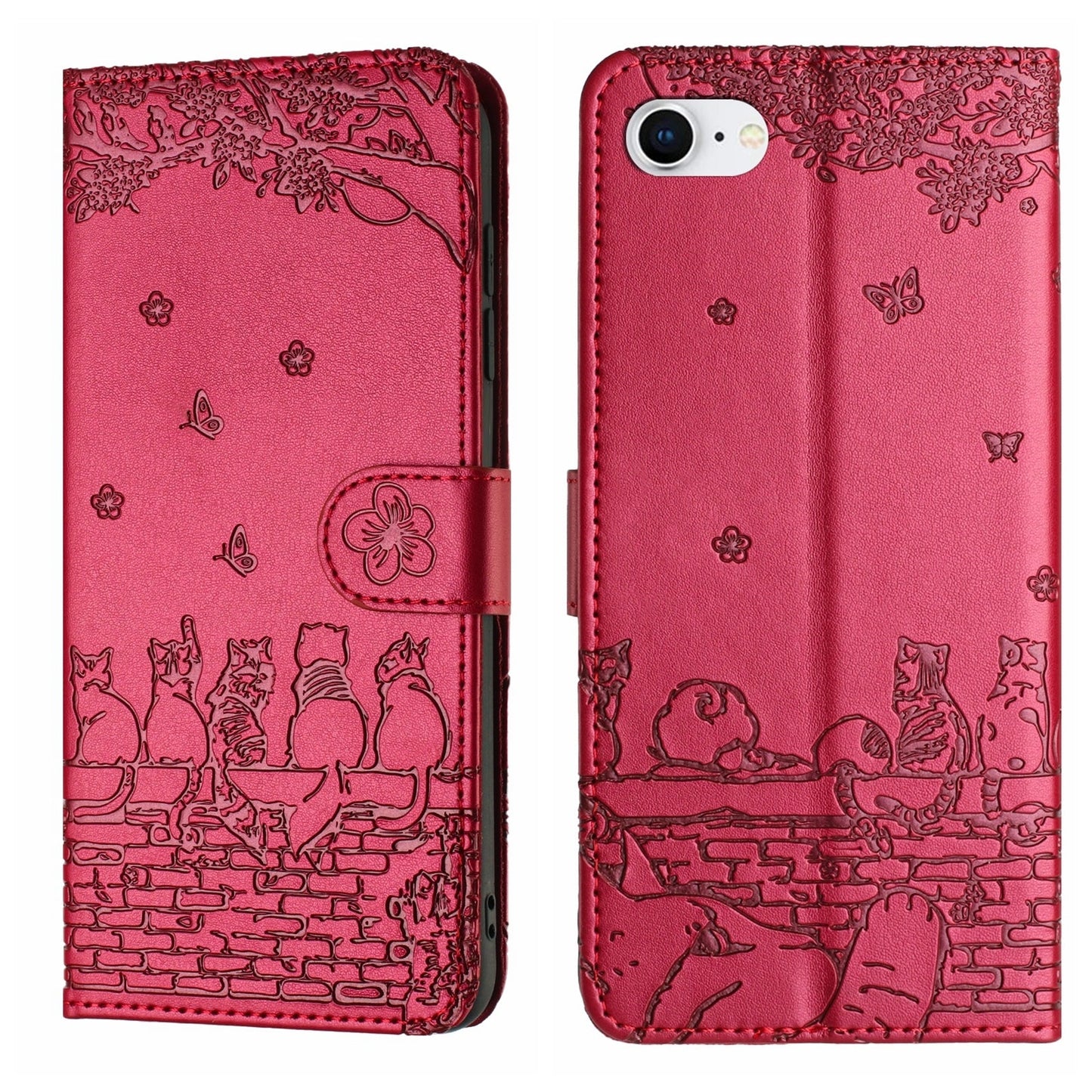 For iPhone 16e Cat Embossing Pattern Leather Phone Case with Lanyard(Red)