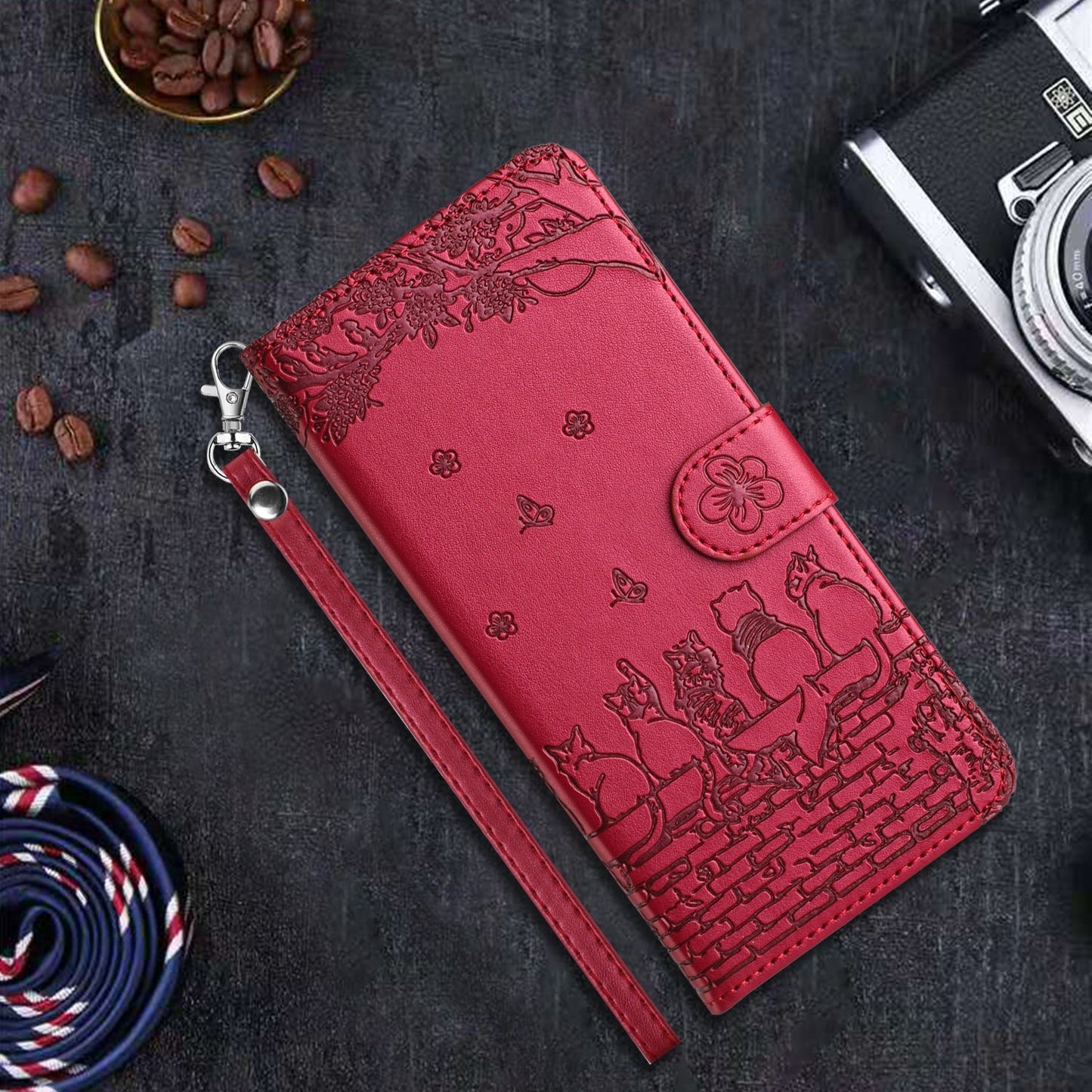 For iPhone 16e Cat Embossing Pattern Leather Phone Case with Lanyard(Red)