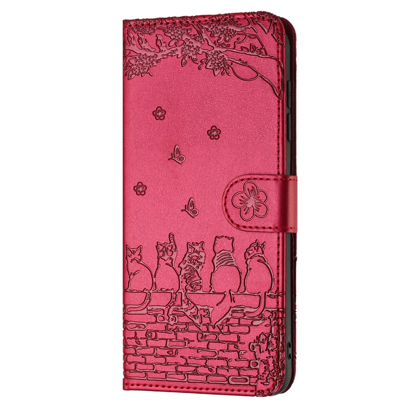 For iPhone 16e Cat Embossing Pattern Leather Phone Case with Lanyard(Red)