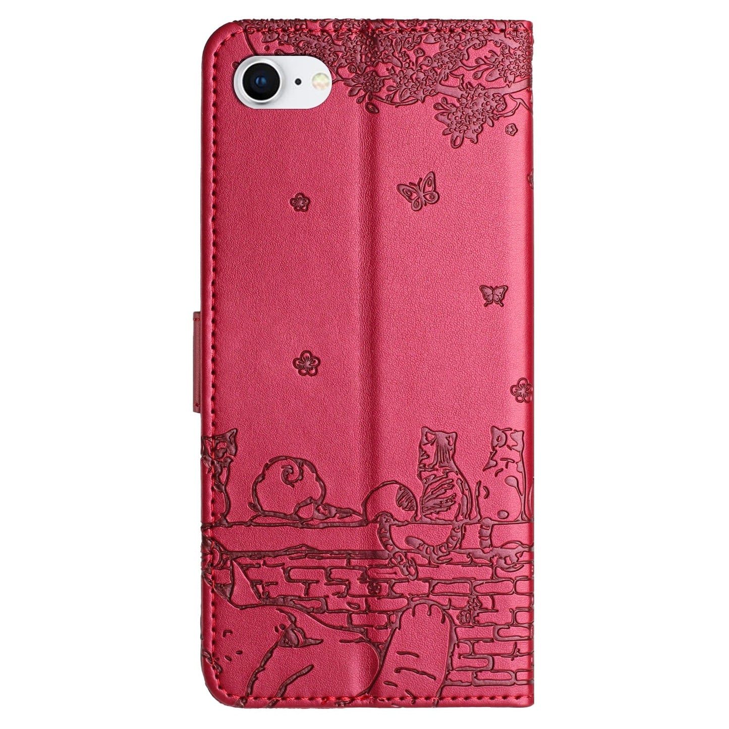 For iPhone 16e Cat Embossing Pattern Leather Phone Case with Lanyard(Red)
