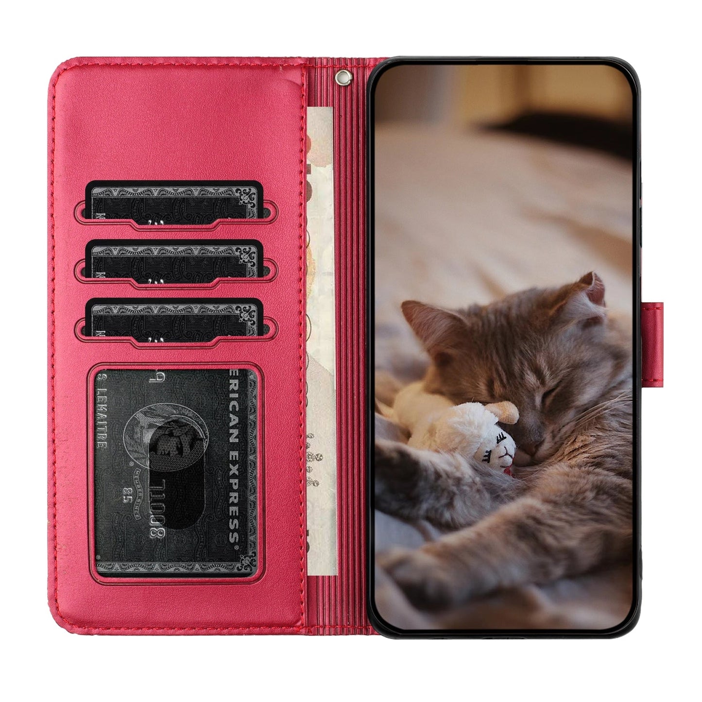 For iPhone 16e Cat Embossing Pattern Leather Phone Case with Lanyard(Red)