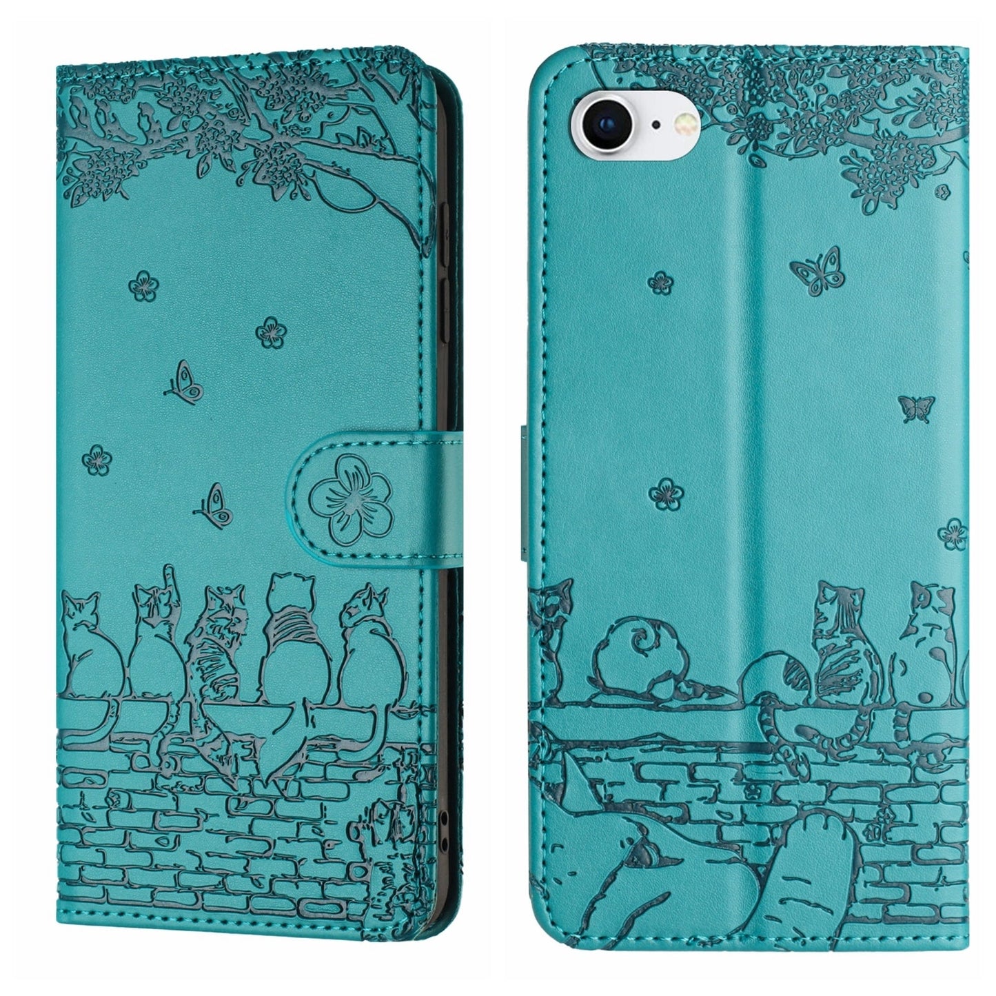For iPhone 16e Cat Embossing Pattern Leather Phone Case with Lanyard(Blue)